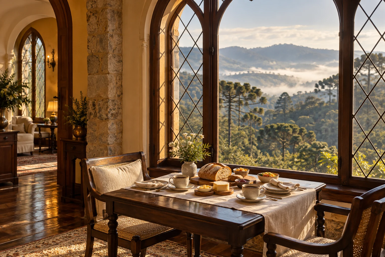 Café da manhã artesanal à mesa, junto a uma janela com vista para a mata