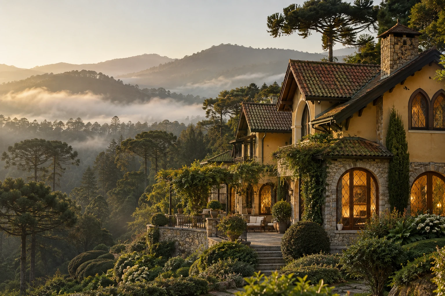 Jardins e arquitetura acolhedora em meio à floresta da Mantiqueira