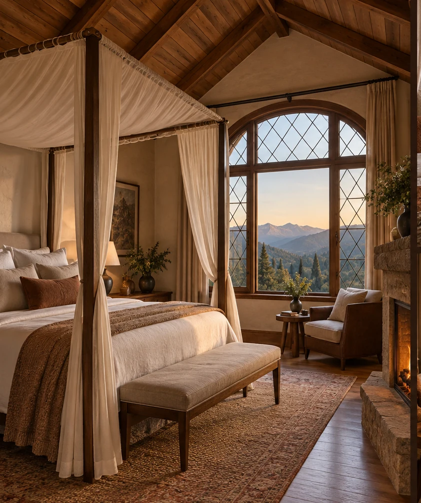 Suíte Alba com cama com dossel e janela para as montanhas