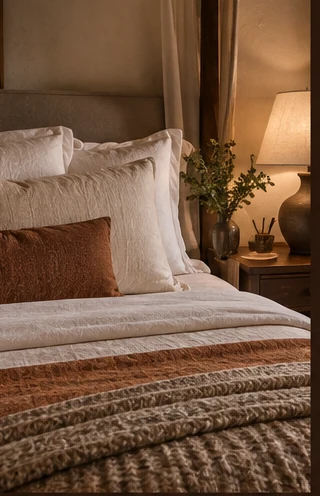 Detalhe de cama em linho da Suíte Alba