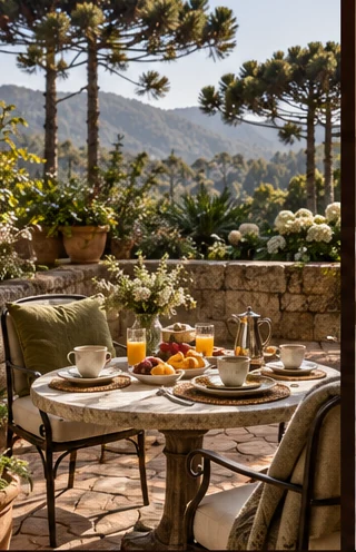 Café da manhã servido no terraço da Suíte Jardim