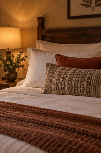 Cama com enxoval claro da Suíte Lareira