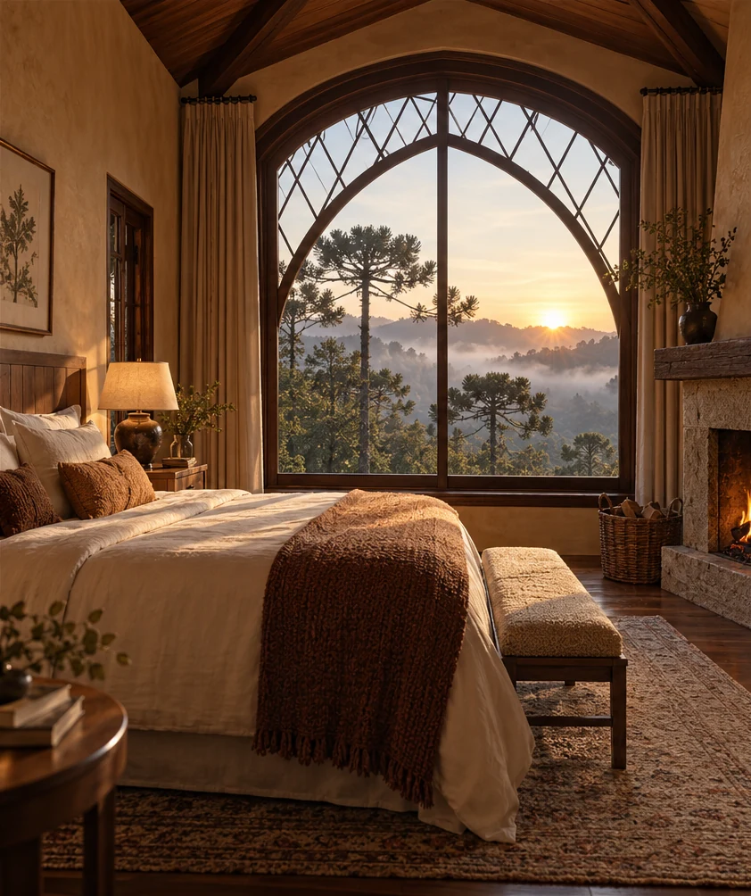 Suíte Mirante com cama king e janela arqueada para a mata